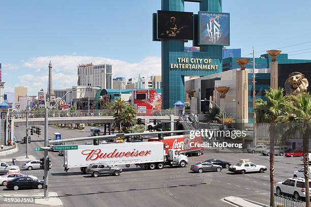 traffic at tropicana intersection on vegas strip - pedestrian overpass stock pictures, royalty-free photos & images