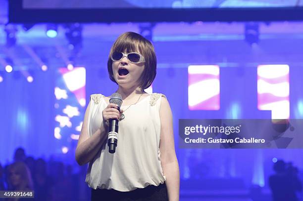 Marlana VanHoose sings the national anthem on stage at the18th Annual Best Buddies Miami Gala: Southeast Asia>> at Fontainebleau Miami Beach on...