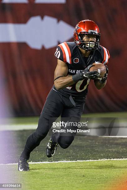 Rashaad Penny of the San Diego State Aztecs returns a kickoff during the college football at Qualcomm Stadium on November 21, 2014 in San Diego,...