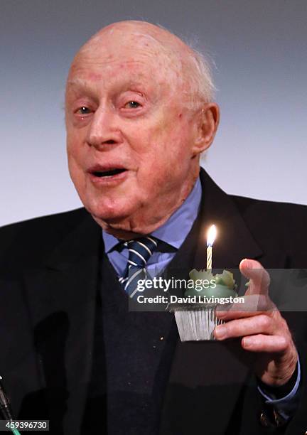 Actor Norman Lloyd attends the American Cinematheque film series "100 Years of Norman Lloyd" Q&A at the Aero Theatre on November 21, 2014 in Santa...