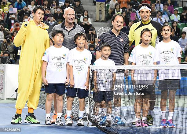 Kei Nishikori, Andre Agassi, Michael Chang and Shuzo Matsuoka attend the Dream Tennis exhibition match at Ariake Colosseum on November 22, 2014 in...