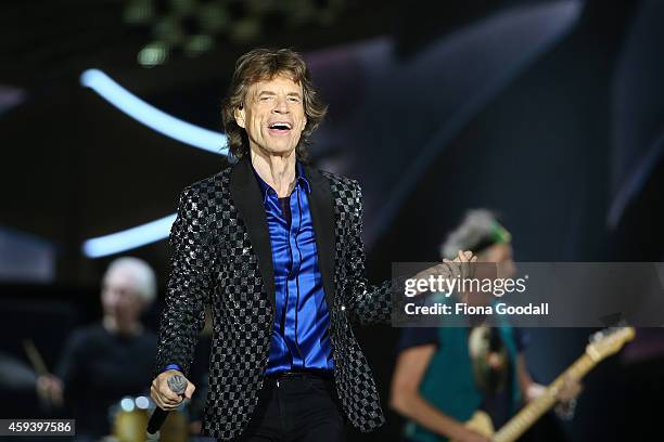 Lead Singer Mick Jagger in action as The Rolling Stones perform live at Mt Smart Stadium on November 22, 2014 in Auckland, New Zealand.