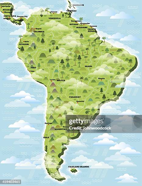 illustrazioni stock, clip art, cartoni animati e icone di tendenza di sud america mappa illustrata. - amazonas colombia