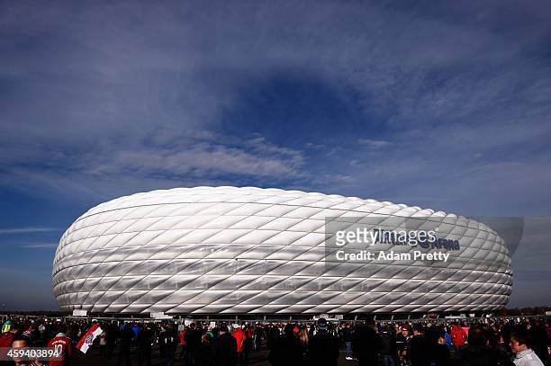 General view of Allianz Arena before the Bundesliga match between FC Bayern Muenchen and 1899 Hoffenheim at Allianz Arena on November 22, 2014 in...