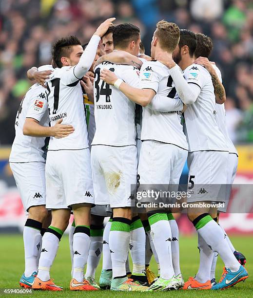 Havard Nordtveit of Borussia Moenchengladbach celebrates as he scores their first goal during the Bundesliga match between Borussia Moenchengladbach...