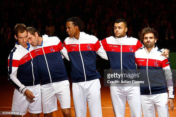 Jo-Wilfried Tsonga of France, Gael Monfils of France, Richard Gasquet of France, Julien Benneteau of France and Captain Arnaud Clement of France line...