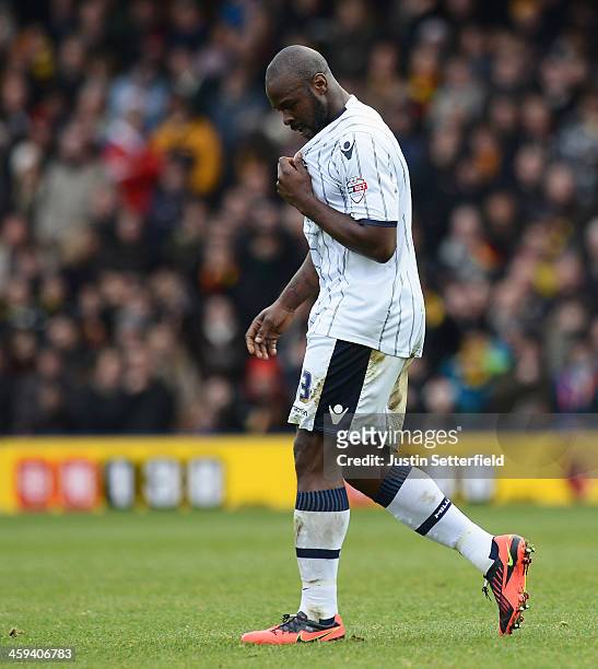 Danny Shittu Of Millwall FC walks off after being sent off during the Sky Bet Championship match between Watford and Millwall at Vicarage Road on...