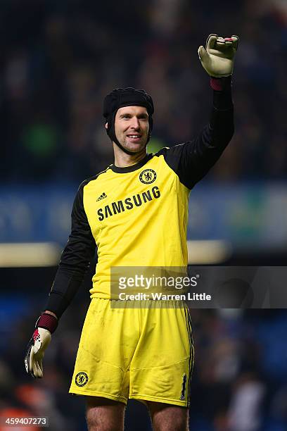 Petr Cech of Chelsea waves to the fans after the game during the Barclays Premier League match between Chelsea and Swansea City at Stamford Bridge on...