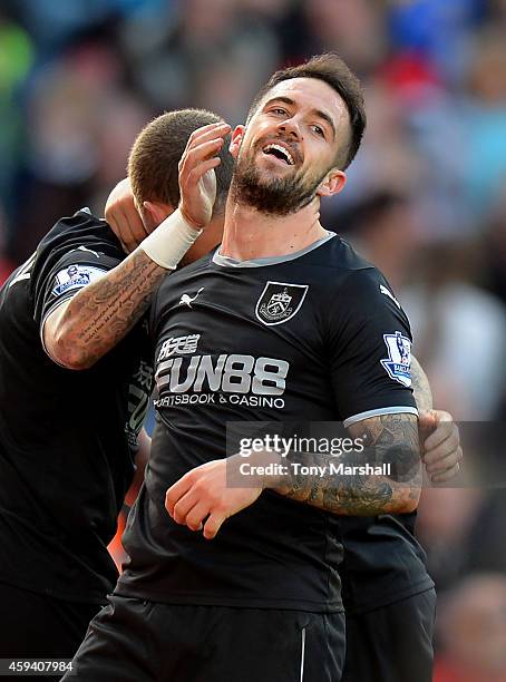 Danny Ings of Burnley celebrates scoring the second goal during the Barclays Premier League match between Stoke City and Burnley at the Britannia...