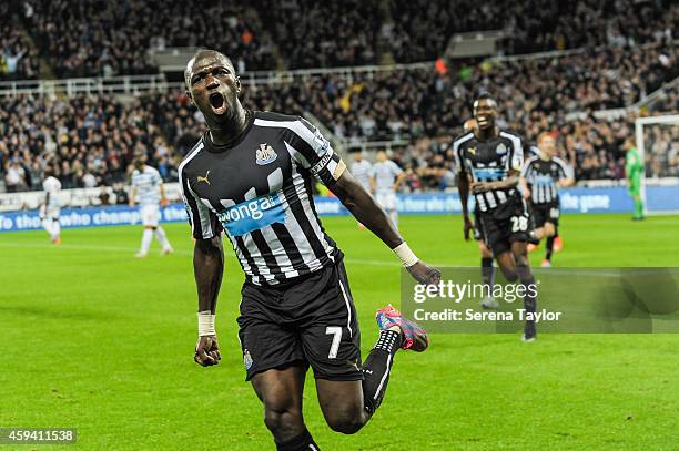 Moussa Sissoko of Newcastle United celebrates after scoring the opening goal during the Barclays Premier League match between Newcastle United and...