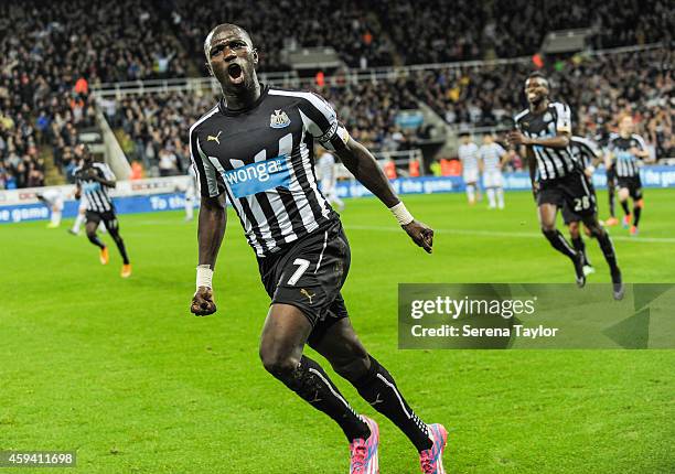 Moussa Sissoko of Newcastle United celebrates after scoring the opening goal during the Barclays Premier League match between Newcastle United and...