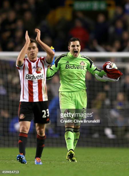 Vito Mannone of Sunderland celebrates at the final whistle during the Barclays Premier League match between Everton and Sunderland at Goodison Park...