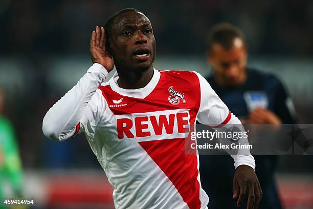 Anthony Ujah of Koeln celebrates his team's first goal during the Bundesliga match between 1. FC Koeln and Hertha BSC at RheinEnergieStadion on...