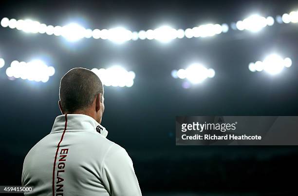 Stuart Lancaster the England head coach looks on prior to the QBE international match between England and Samoa at Twickenham Stadium on November 22,...
