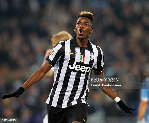 Paul Pogba of Juventus FC celebrates after scoring the opening goal during the Serie A match between SS Lazio and Juventus FC at Stadio Olimpico on...
