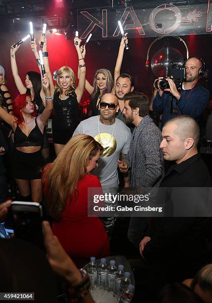 Rapper Mally Mall and television personality Scott Disick talk as guests celebrate during a party at 1 OAK Nightclub at The Mirage Hotel & Casino...