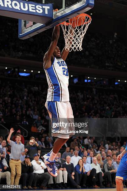 Amile Jefferson of the Duke Blue Devils dunks against the UCLA Bruins during the CARQUEST Auto Parts Classic at Madison Square Garden on December 19,...