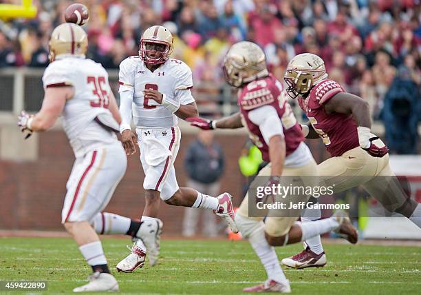 Tyler Murphy makes a pass to Bobby Wolford of the Boston College Eagles during the first half at Doak Campbell Stadium on November 22, 2014 in...