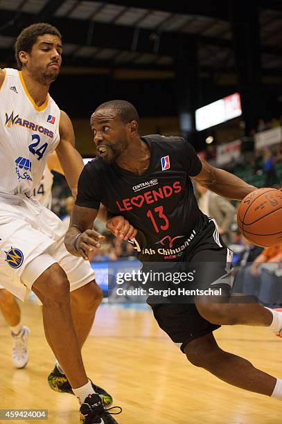 Mike James of the Texas Legends drives the basketball against the Santa Cruz Warriors on November 21, 2014 at Dr. Pepper Arena in Frisco, Texas. NOTE...