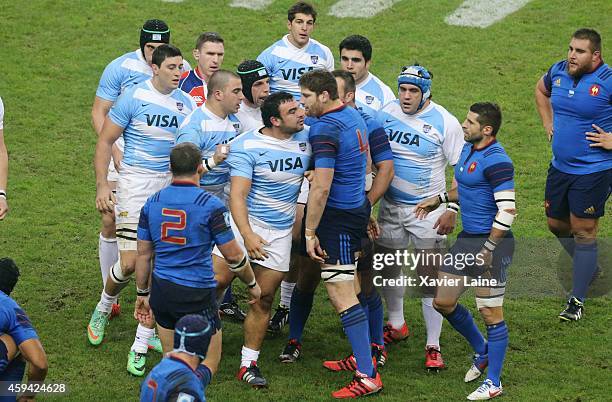 Captain Agustin Creevy of Argentina Pumas fights with Pascal Pape of France during the international rugby test match between France and Argentina...