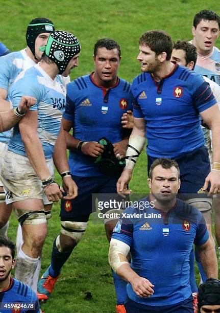 Pascal Pape and Thierry Dusautoir of France figth with Tomas Lavanini of Argentina Pumas during the international rugby test match between France and...