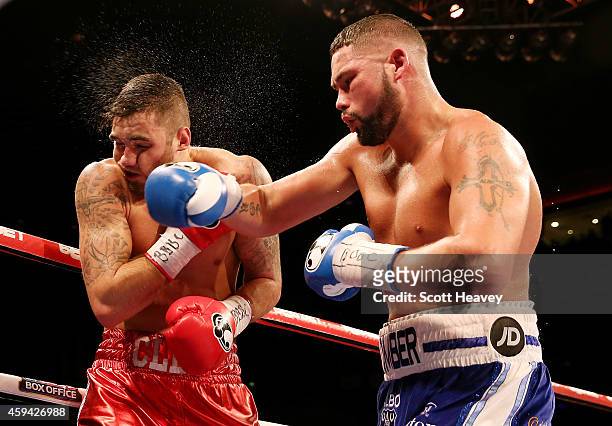 Tony Bellew catches Nathan Cleverly during their Eliminator for the WBO World Cruiserqweight Championship at Liverpool Echo Arena on November 22,...