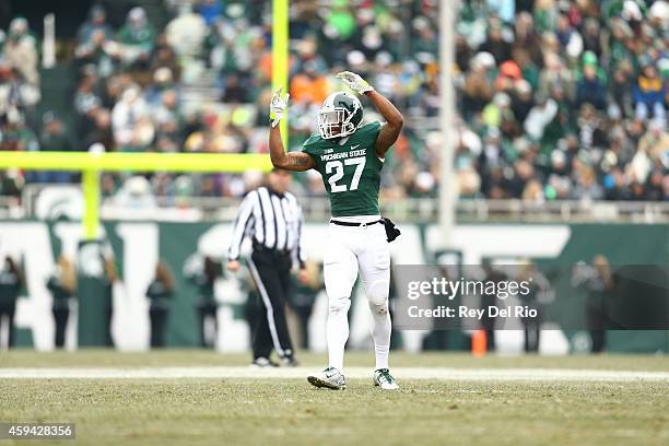 Kurtis Drummond of the Michigan State Spartans during he game against Rutgers Scarlet Knights at Spartan Stadium on November 22, 2014 in East...