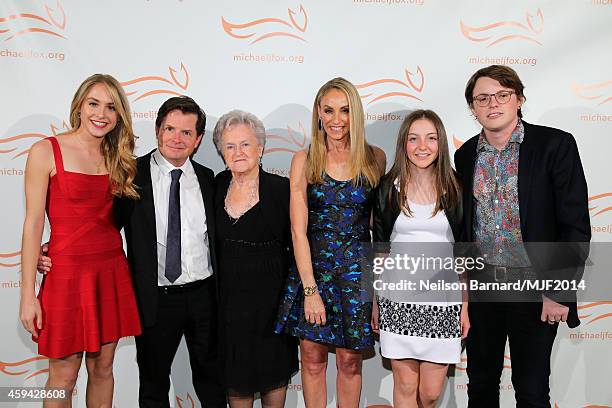 Aquinnah Fox, Michael J. Fox, Phyllis Piper Fox, Tracy Pollan, Esme Fox, and Sam Michael Fox attend 2014 A Funny Thing Happened On The Way To Cure...