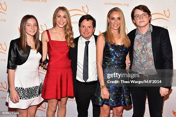 Esme Fox, Aquinnah Fox, Michael J. Fox, Tracy Pollan, and Sam Michael Fox attend 2014 A Funny Thing Happened On The Way To Cure Parkinson's at The...