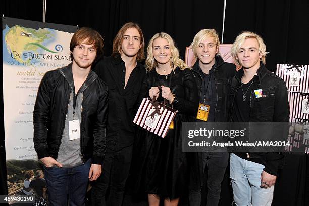 Ellington Ratliff, Rocky Lynch, Rydel Lynch, Riker Lynch, and Ross Lynch of R5 attend the 2014 American Music Awards UPS Gifting Suite at Nokia...