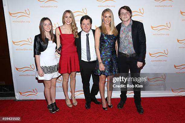 Esme Fox, Aquinnah Fox, Michael J. Fox, Tracy Pollan, and Sam Michael Fox attend "2014 A Funny Thing Happened On The Way To Cure Parkinson's" event...