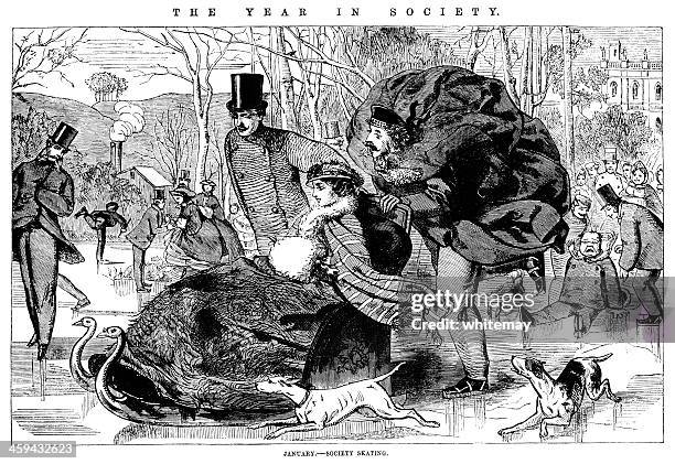 magazine cartoon of people skating in the late 1800s - winter wonderland london stock illustrations