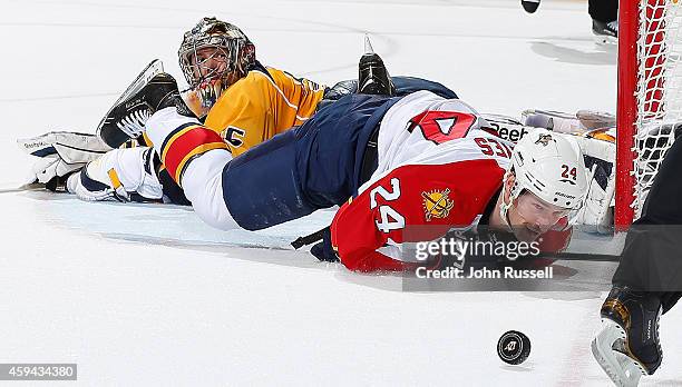 Pekka Rinne of the Nashville Predators secures the shootout win against Brad Boyes of the Florida Panthers at Bridgestone Arena on November 22, 2014...