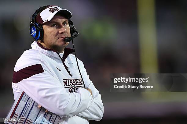 Head coach Dan Mullen of the Mississippi State Bulldogs watches action during a game against the Vanderbilt Commodores at Davis Wade Stadium on...