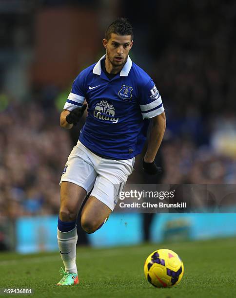 Kevin Mirallas of Everton in action during the Barclays Premier League match between Everton and Sunderland at Goodison Park on December 26, 2013 in...