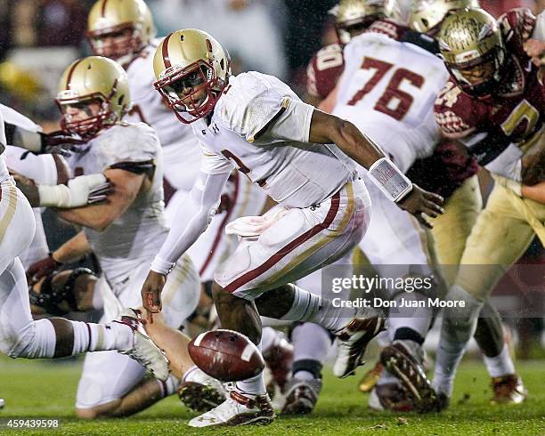 Quarterback Tyler Murphy of the Boston College Eagles fumbles the ball during the game against the third-ranked Florida State Seminoles at Doak...