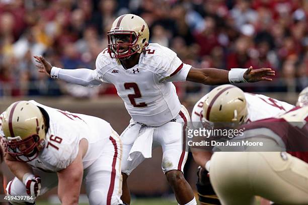 Quarterback Tyler Murphy of the Boston College Eagles calls a play during the game against the third-ranked Florida State Seminoles at Doak Campbell...