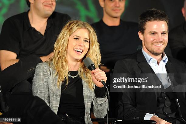 Emily Bett Rickards and Stephen Amell attend the special screening for the CW's "Arrow" And "The Flash" at Crest Theatre on November 22, 2014 in...