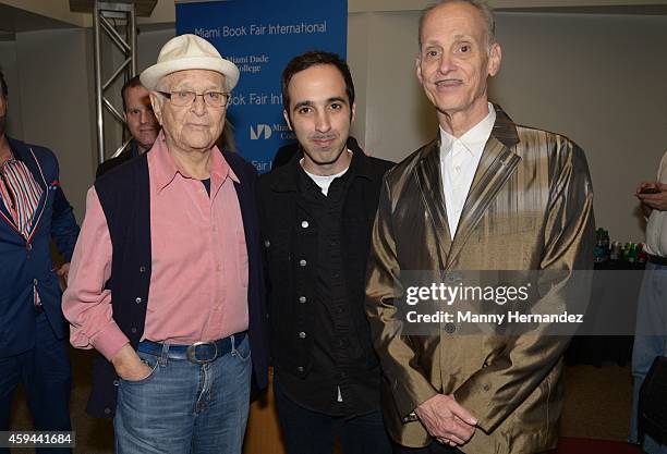 Norman Lear, Nayib Estefan and John Waters attends the Miami International Book Fair at Miami Dade College on November 21, 2014 in Miami, Florida.