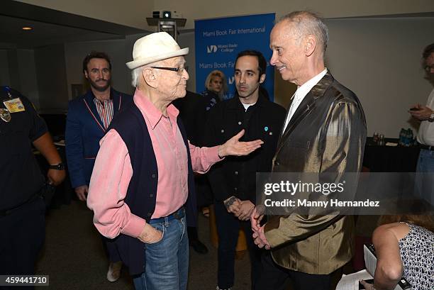 Norman Lear, Nayib Estefan and John Waters attends the Miami International Book Fair at Miami Dade College on November 21, 2014 in Miami, Florida.