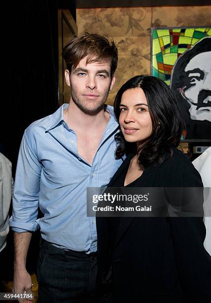 Actors Chris Pine and Zuleikha Robinson attend the Celebration of Chris Pine's cover of Flaunt Magazine at Beautique on November 22, 2014 in New York...