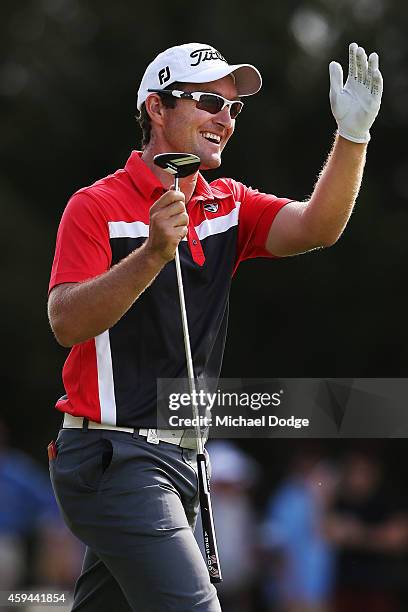 Josh Younger of Australia reacts after an approach shot to the 18th green during day four of the Australian Masters at The Metropolitan Golf Course...