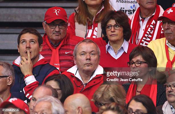 Wolfram Wawrinka , Robert Federer and Lynette Federer attend day two of the Davis Cup tennis final between France and Switzerland at the Grand Stade...