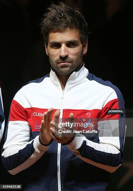 Captain of France Arnaud Clement looks on during the team presentation on day two of the Davis Cup tennis final between France and Switzerland at the...