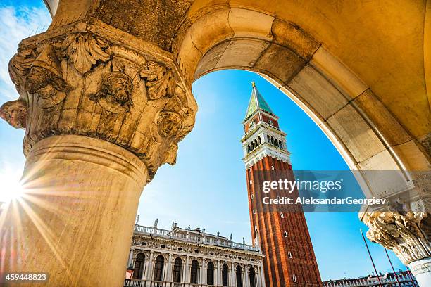 angled shot of the piazza de san marco in venice, italy - dogepaleis venetië stockfoto's en -beelden