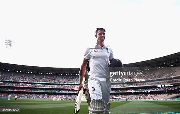 Kevin Pietersen of England looks dejected after being dismissed by Mitchell Johnson of Australia during day two of the Fourth Ashes Test Match...