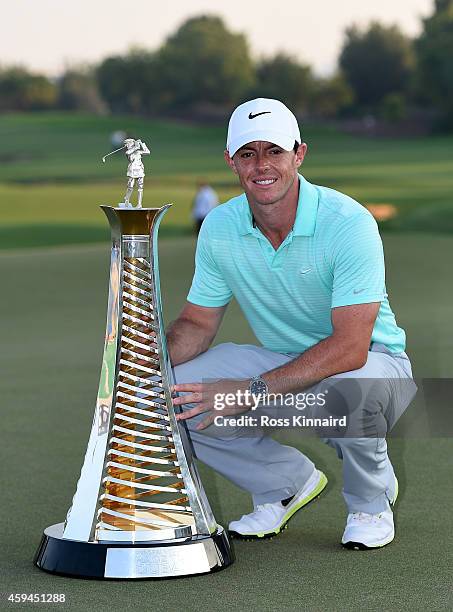 Rory McIlroy of Northern Ireland with the Race to Dubai trophy after the final round of the DP World Tour Championship at Jumeirah Golf Estates on...