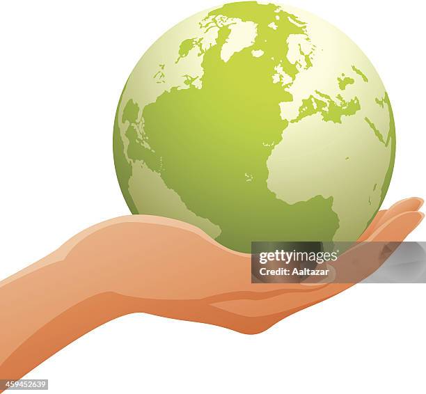 illustrazioni stock, clip art, cartoni animati e icone di tendenza di mano tenendo il verde della terra - planisfero fisico