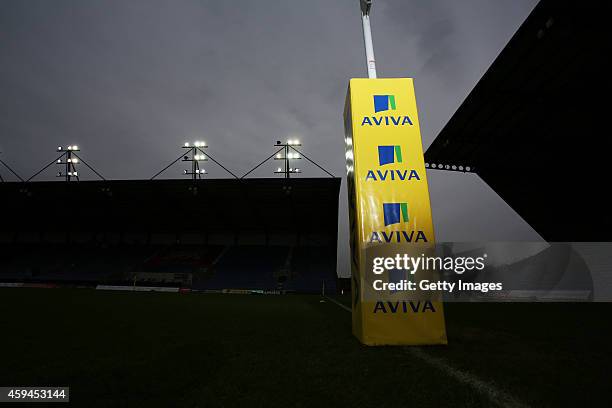 General view of the goal post padding ahead of Aviva Premiership match between London Welsh and Leicester Tigers at Kassam Stadium on November 23,...