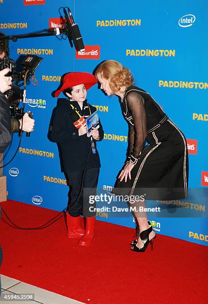 Warbeartons Bread Carpet reporter Toby Long interviews Nicole Kidman at the World Premiere of "Paddington" at Odeon Leicester Square on November 23,...